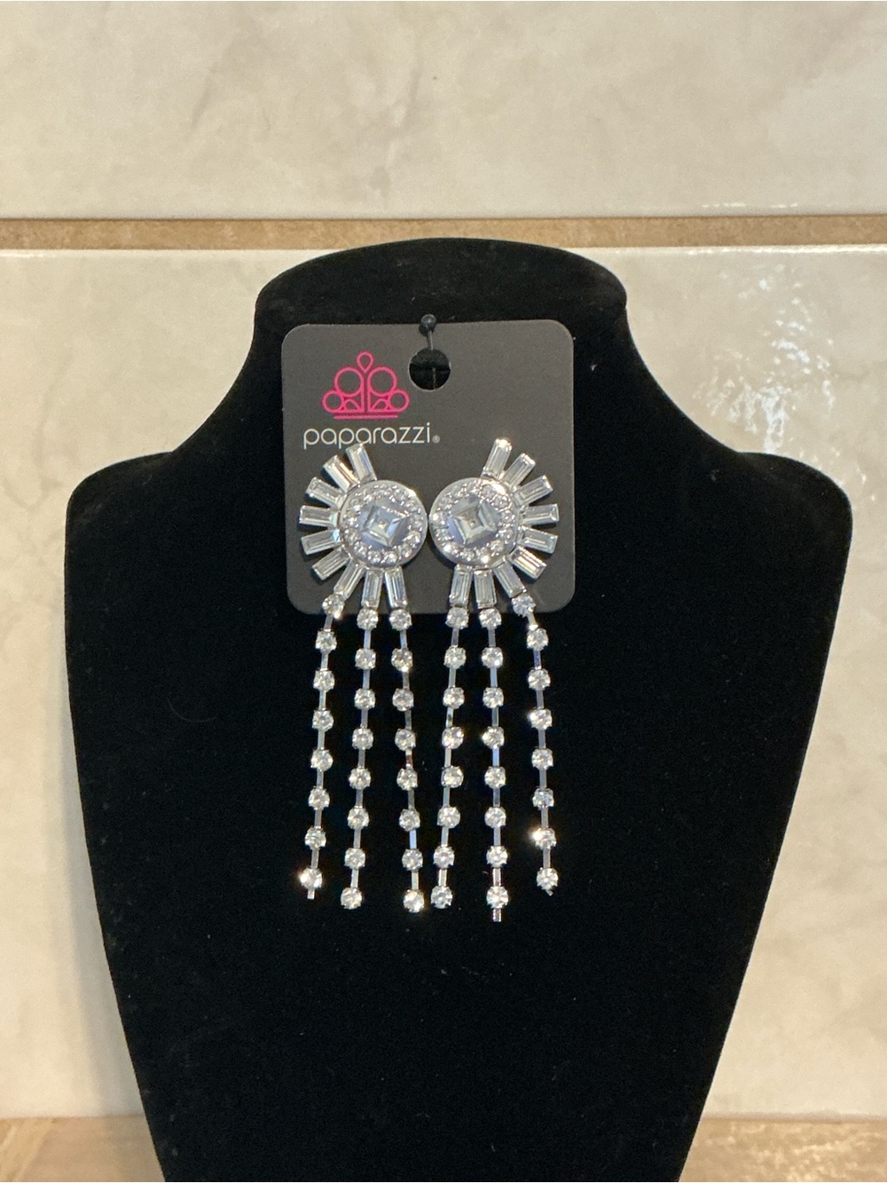 Paparazzi Silver Crystal Sunburst Drop Earrings - Silver